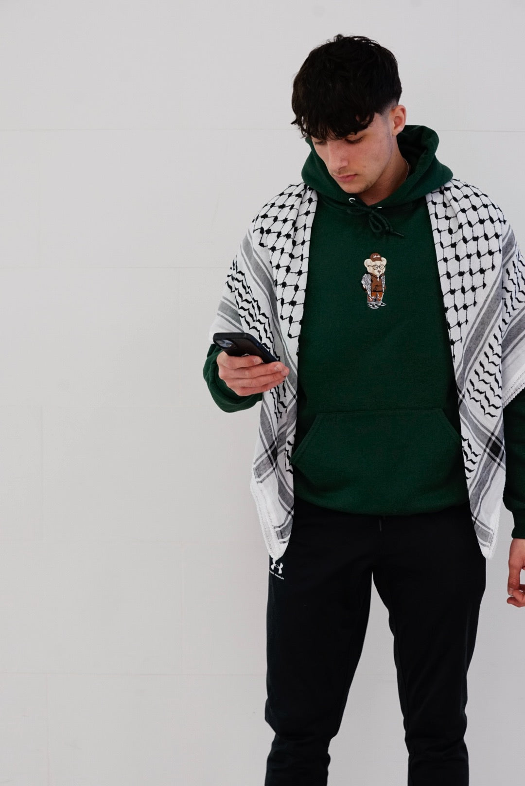 Embroidered Palestine Bear Green Hoodie